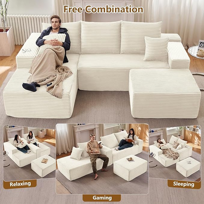 107 L-Shape Sofa with Ottoman Modern Modular Sectional Comfy U-Shape Cloud Couch Deep Seat Upholstered Corduroy Sleeper Chaise Longue for Living Room Bedroom No Assembly Required White