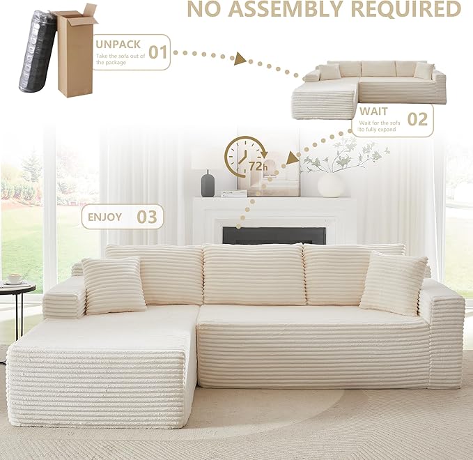 GNIXUU Boneless Sectional Couch with L-Shape Chaise Modern Modular Sofa with Deep Seat Comfy Corduroy Cloud Couches for Living Room Bedroom Apartments No Assembly Required Beige