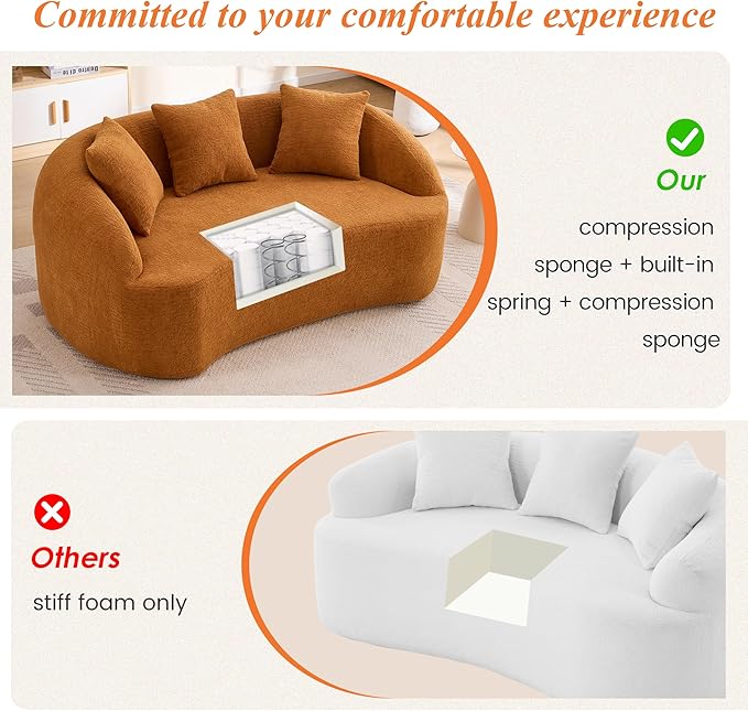 65.75 Curved Loveseat SofaBoneless Loveseat Couch11.02 Raised BackrestDeep SeatWood Grain Chenille Fabric Curved Sofa Couch for Small Spaces (Orange65.75)