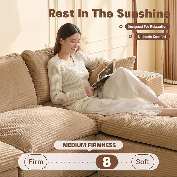 137.8” Sectional Couches for Living Room Set of Cloud Couch Modular Sectional Sofa Convertible Sofas Bed Deep Seat Sofa Sleeper Sofa Full Size Corduroy Camel