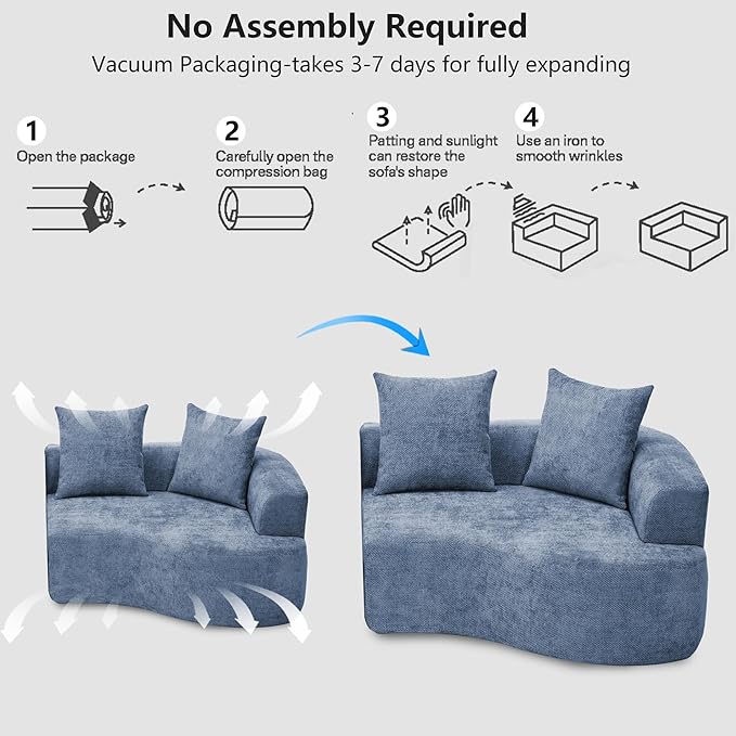L Shaped Single Sofa Modern Comfy Chenille Fabric Loveseat Couch No Assembly Required Small Couch with Deep Seat 2 Pillows for Living Room Apartment Bedroom