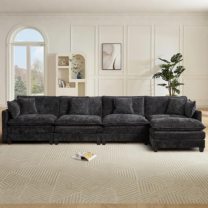 Oversized 149.6 Modular Sectional Sofa - 4 Seater Convertible Chenille Deep Seat Cloud Couch with Ottoman &amp Pillows for Living RoomSmall Space Black