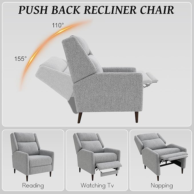 leovanni Push Back Recliner Chair Fabric Upholstered Recliner with Adjustable Backrest and Footrest Modern Comfy Reclining for Living Room Bedroom Small Spaces Gray