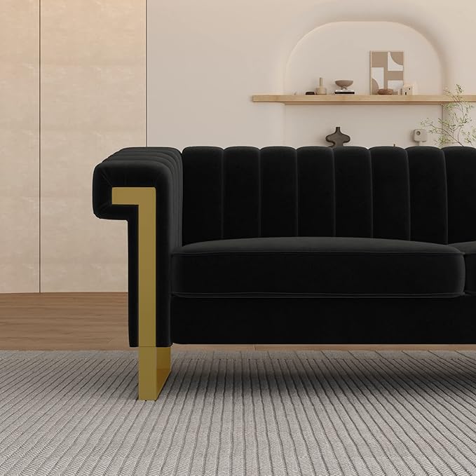83'' Velvet Couch Sofa Mid-Century Modern Love Seat Chesterfield 3 Seat Couches Sofa for Living Room Apartment (Black)