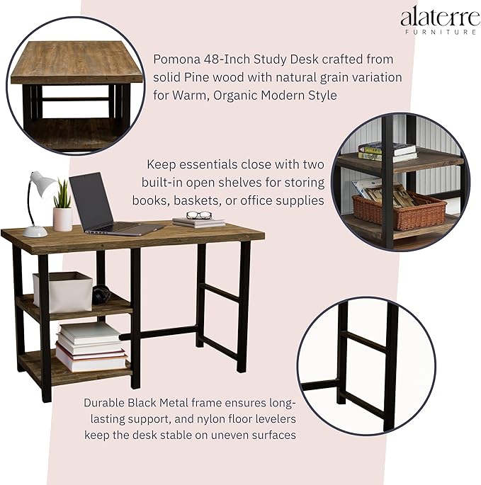 Alaterre Furniture Pomona 48-Inch Industrial Study Desk with Solid Pine Wood Top 2 Open Shelves and Metal Frame – Writing Desk with Floor Levelers for Home Office Bedroom or Dorm (Natural Finish)