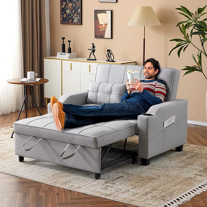 VINGLI Light Grey Futon Sofa Bed Convertible Loveseat Sleeper Couch Faux Leather Pullout Sofa Fold Out Couch Bed with USB Ports Cup Holders Armrest for Living Room Bedroom Apartment Room