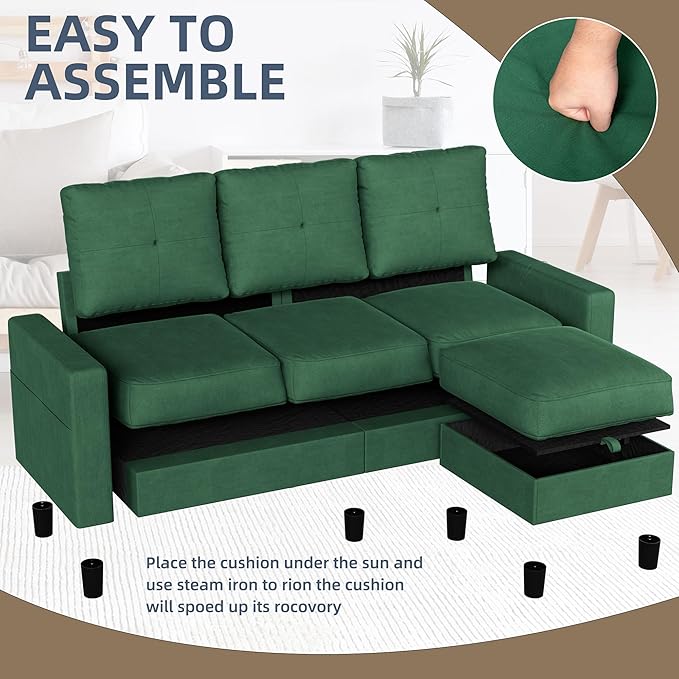 Nuturelly Sectional Sofa Couch Convertible L Shaped Sofas with Storage Ottoman Small Sectional Couches for Living Room 3 Seater Couch with Linen Fabric for Small Spaces Green