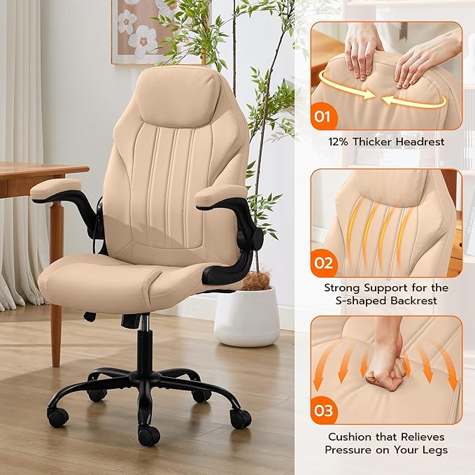 Office Desk Chair Ergonomic Computer Chair with Padded Flip-Up Arms and Adjustable Lumbar Support PU Leather Executive Chair with Tilt Lock and 360° Swivel Rolling Wheels for Work Study