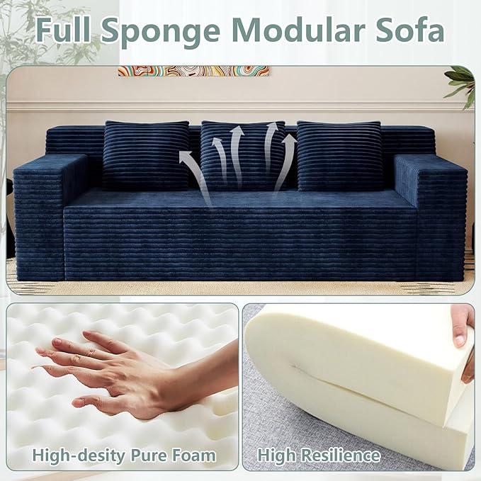 71 Cloud Loveseat SofaBoneless Deep Seat 2-Seater with 3 Pillows&ampSide PocketNo Assembly Foam Floor CouchPlush Corduroy FabricModern Living Room Sofa for Small Space Apartment(Flat HandrailBl