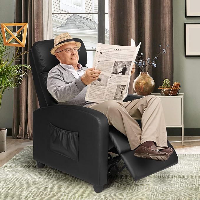 POWERSTONE Recliner Chair PU Leather Recliner with Massage Function Small Reclining Chair Single Sofa Chair Home Theater with Thicker Cushion Wing Back Reading Chair for Living Room Office (Black)