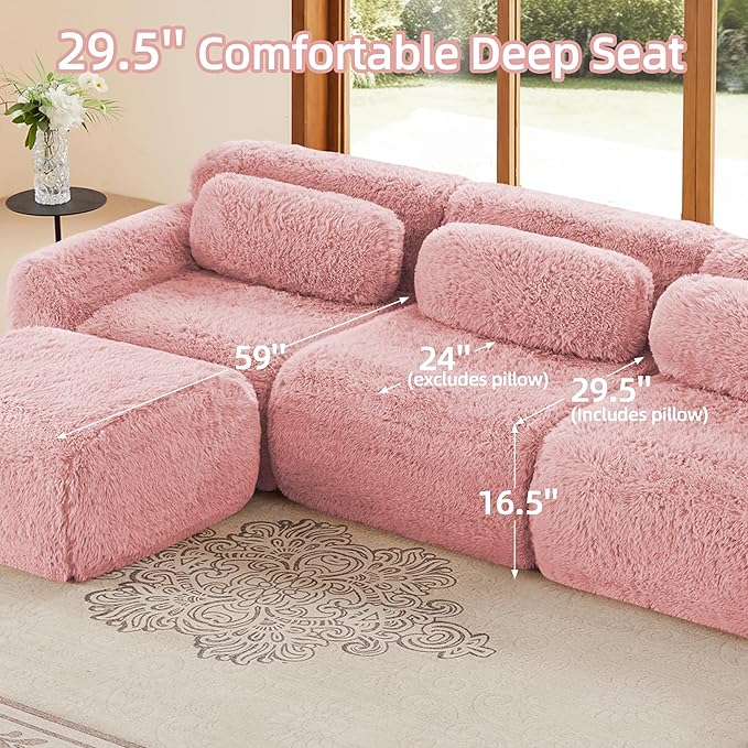 Boneless Couch Modular Sectional Sofa Comfy Cloud Couch No Assembly L Shaped Couches 80.4 Modern Sectional Couches for Living Room Deep Seat Loveseat Sofa Floor Sofas Anti-SlipPink