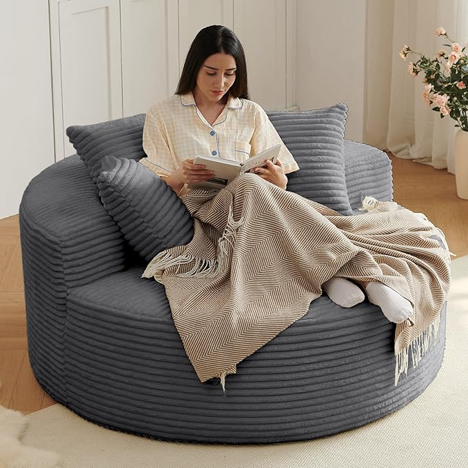 Oversized Round Chair Lounge Chaise Indoor Upholstered Corduroy Deep Seat Cloud Large Circle Sofa Chair No Assembly Required Fluffy Modern Sleeper Sofa Bed for Reading Living Room Dark Gray