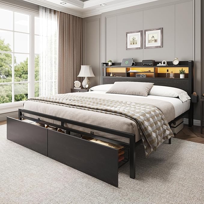 Furnulem King Bed Frame with Wood Headboard &amp Storage Drawers Metal Platform Bed Frames King Size with LED Lights Built in Charging Station No Box Spring Needed No Noise Easy Assembly Black