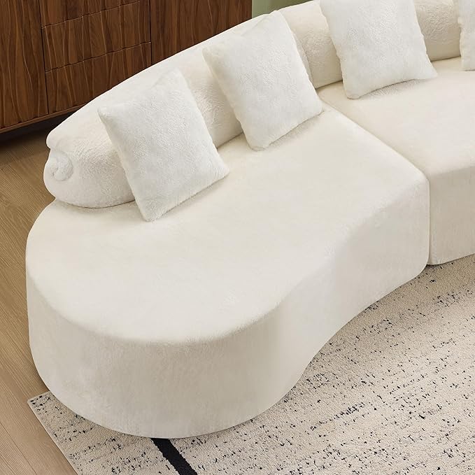 Aoowow 111.4 Modular Sectional Sofa Modern Minimalist Curved Sofa Comfy Deep Seat Curved Sofa with 4 Pillows Memory Foam Couch with Chenille Fabric 3 Seater Cloud Couch for Living Room White