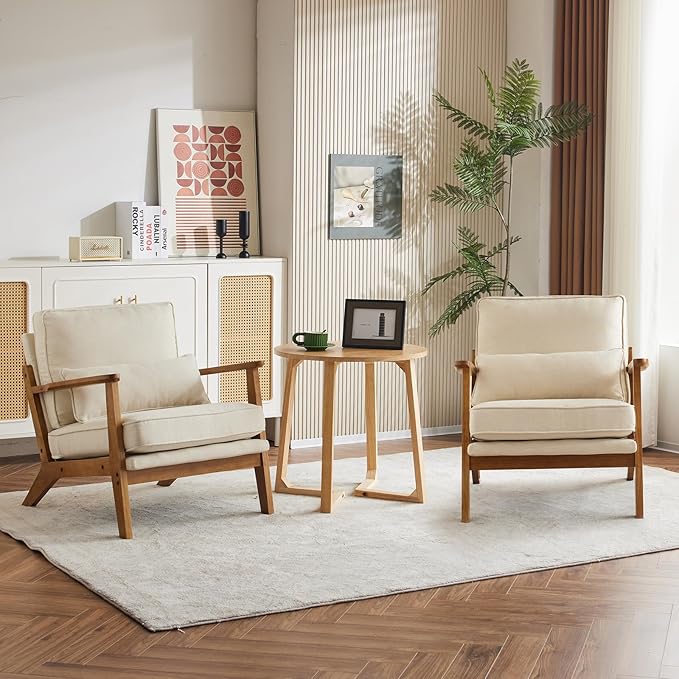 Karl home Accent Chair Wide Armrest Mid-Century Lounge Chair Linen Fabric Armchair with Lumbar Pillow &amp Solid Wood Frame for Living Room Bedroom Balcony Beige