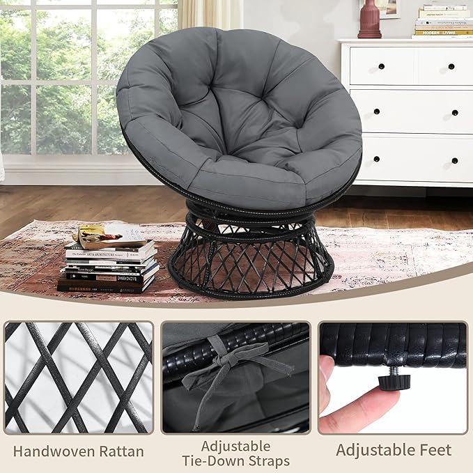 40 Ergonomic Wicker Papasan Chair 360° Swivel Indoor Outdoor Rattan Chair with Soft Thick Cushion Ideal for Living Room Bedroom Reading Room Black Frame with Dark Grey Cushion