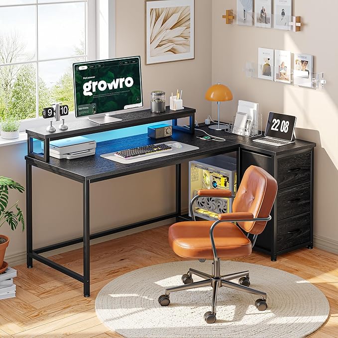 EnHomee L Shaped Gaming Desk with LED Lights &amp Power Outlet 48Inch Reversible Office Desk with Monitor Stand Corner Computer Desk with 3 Drawers for GamingStudy RoomHome OfficeBedroomBlack