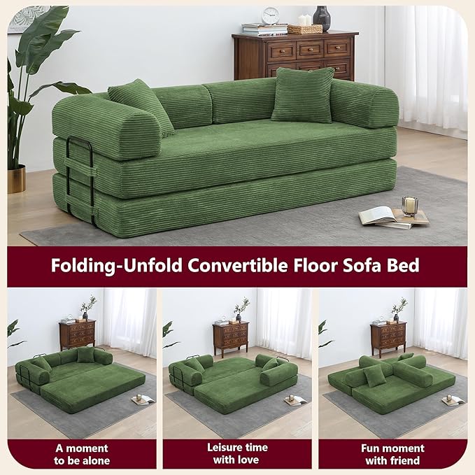 JJJ 63 inch Sofa Bed 4-in-1 Boneless Convertible Corduroy Sleeper Folding Couch with Fixed-Shape Frame and 2 Futons No Assemble Required 3 Seater Upholstered for Living Room (Olive Green 63 inch)
