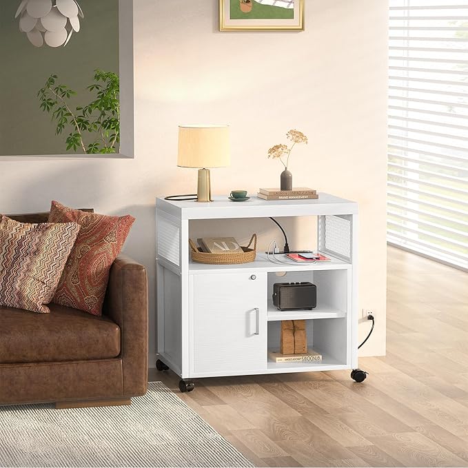 Unikito Rolling File Cabinet Lateral Office Filing Cabinets with Socket and USB Charging Port Modern Printer Stand on Wheels Printer Cabinet with Door and Open Storage Lockable White