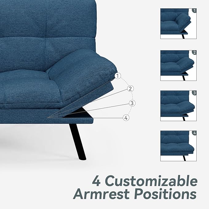 Opoiar Convertible Futon Sofa Bed Blue Linen Futon Couch with Adjustable Backrest &amp Armrests Folding Small Recliner Sleeper Sofa Bed for Living Room Apartment Office