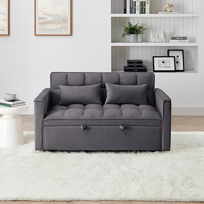 KEIKI 54.33 Pull-Out Sofa Couch Bed 2 in 1 Convertible Velvet Sleeper Sofa with Adjustable Back for Apartment Living Room Antique Gray