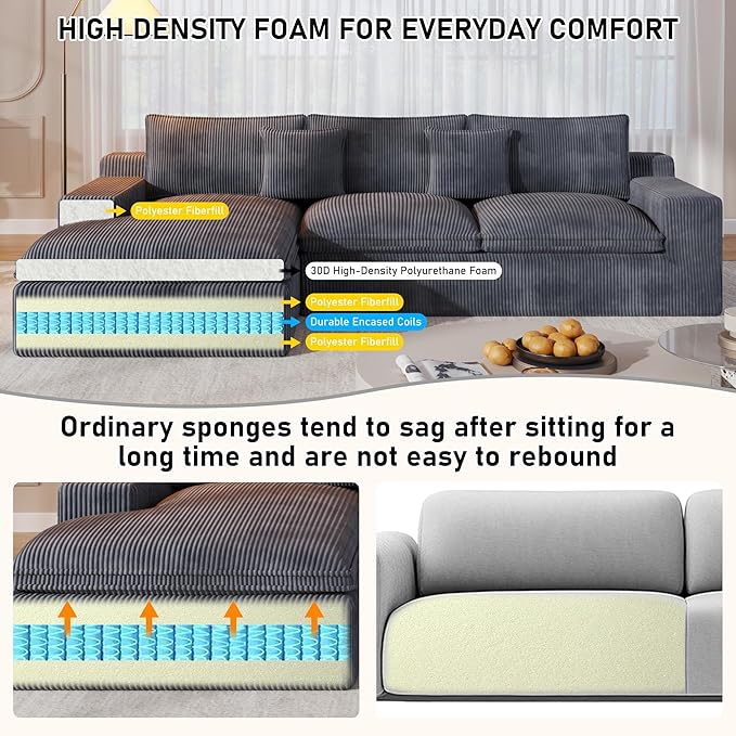 108 Cloud Modular Sectional Couch with Deep Seat L-Shape Boneless Sofa with Oversized Chaise Comfy Fluffy Couches for Living Room Convertible Layered Cushions Plush Corduroy Dark Grey
