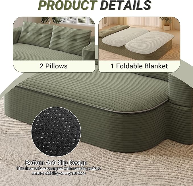 78.7'' Convertible Sleeper Sofa Corduroy Floor Foam Compression Loveseat Sofa Bed Couch Modern Folding Futon Couch Foldable Full Size Guest Bed with 2 Pillows and Blanket for Living Room (Green)