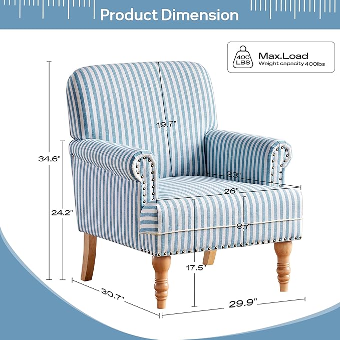 HUIMO Linen Fabric Accent Chairs Set of 2 Mid-Century Modern Armchair with Solid Wood Legs Single Sofa ChairUpholstered Reading Club Chair (2 Blue and White Stripe)