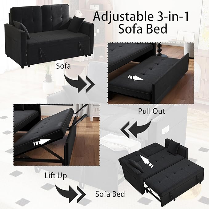 Black Convertible Sofa Bed: 3 in 1 Sleeper Sofa Couch Bed Pull Out Couch with Adjustable Backrest Velvet Convertible Loveseat Sleeper for Living Room