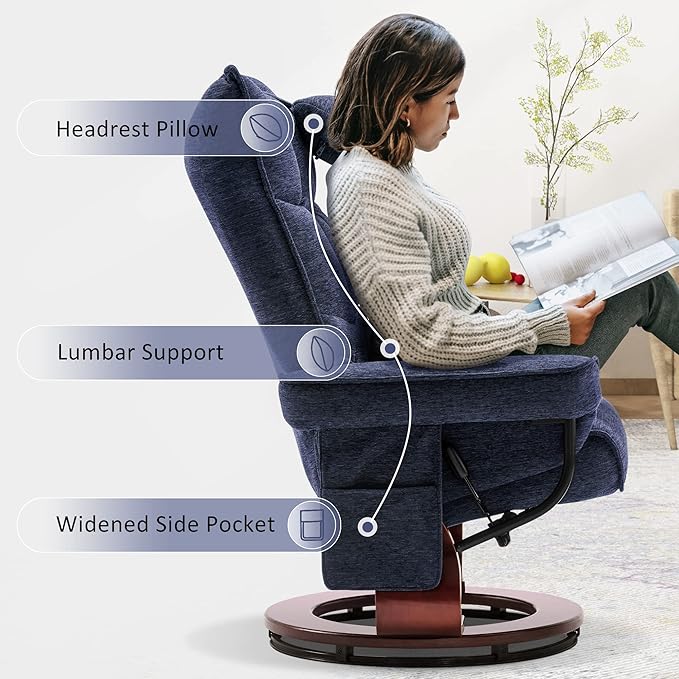 MCombo Swivel Recliner with Ottoman TV Chair Sets with Vibration Massage Ideal for Small Space Living Room &amp Bedroom 4188 (Blue)