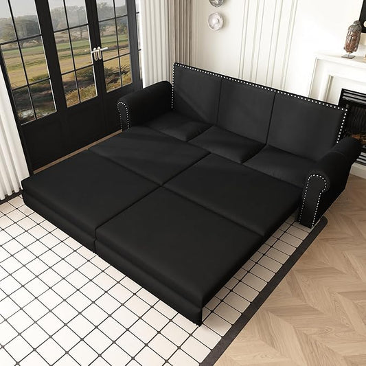 93.7 King Pull Out Sofa Bed Velvet Sleeper Sofa Couch 3 in 1 Convertible Futon Couches for Living Room Small Space Apartment Office Bedroom Modern Rivet Armrest Black