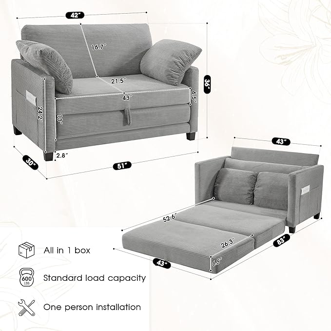 51 Convertible Loveseat Sofa Bed 2-in-1 Folding Sofa Bed with 2 Pillow for Small Spaces Modern Loveseat Sleeper Couch for Apartment Living Room &amp Guest Room (Light Grey Corduroy 51 inch)