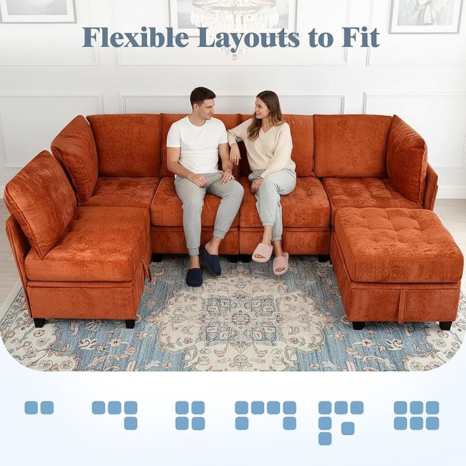 smilesun Oversized Modular Sectional Sofa with Storage Under Each Seat U-Shaped Chenille Sectional with Extra Deep and Wide Seats Convertible Comfy Couch for Living Room（Orange U-Shaped Couch）