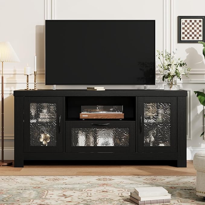 IDEALHOUSE TV Stand for 65 Inch TV Farmhouse Entertainment Center with Acrylic Door Storage Cabinet &amp Adjustable Shelves TV Console Table for Living Room Bedroom Black