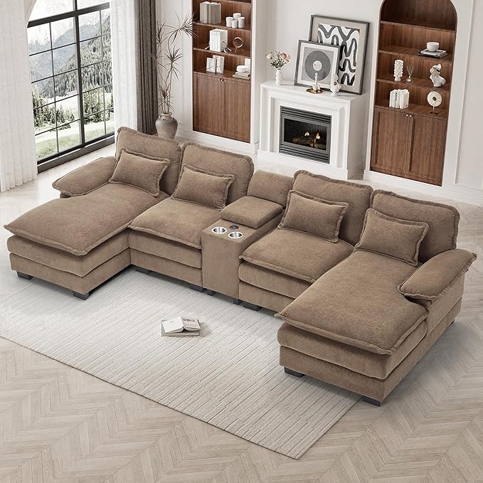 133 Oversized U Shaped Cloud Couch Modular Sectional Couches for Living Room Comfy Chenille Deep Seat Sofa Set with Double Chaise Lounge Storage Central Console Cup Holders USB Port Brown