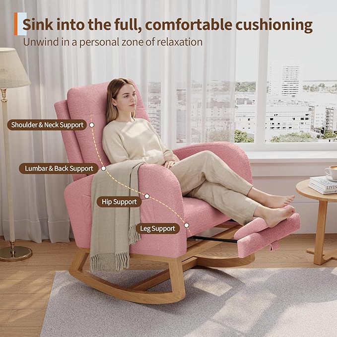 GarveeHome Nursery Rocking Chair with Adjustable Footrest Teddy Fleece Upholstery Sturdy Wooden Legs &amp High Backrest Comfortable Glider Rocking Chair for Living Room or Bedroom Pink