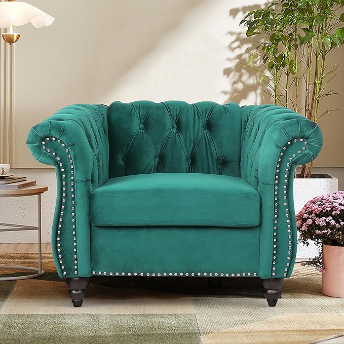 Chesterfield Chair Velvet Accent Couch Chair 1 Seat Mid Century Modern Vanity Armrest Vanity Reading Chair Sofa for Living Room Bedroom (Velvet Green)