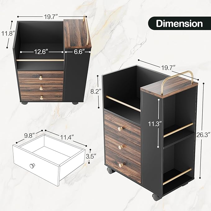 Mobile File Cabinet with 3 Drawers 20 Wood Lateral Filing Cabinet with Lockable Wheels Fit Letter/A4 Size or Home Office Utility Cart with Open Storage Shelf Black Walnut