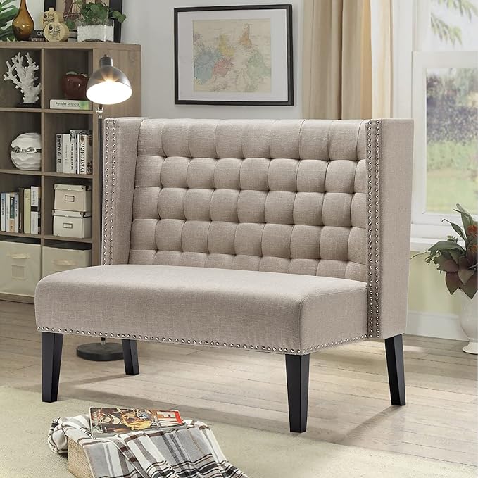 Tongli 46 Small Modern Loveseat Settee Sofa 2-Seat Sofa Couch Tufted Love Seat Dining Bench with Nail Head Trim Back Banquette Sofas for Living Room Small Space Entryway Hallway Khaki