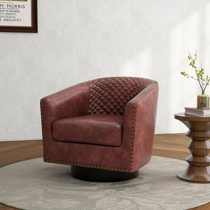 Swivel Barrel Accent Chair Comfy Modern Upholstered Round Faux Leather Arm Chair for Living Room Bedroom