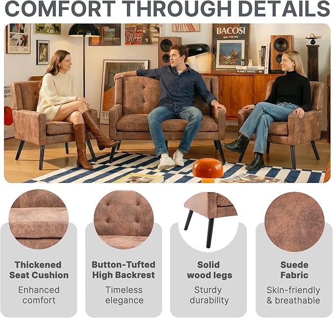 Mid-Century Modern 47 Small Loveseat &amp 2 Accent Chair Set Plush Suede Fabric with Button Tufted High Back &amp Solid Wood Legs for Apartment Living Room Bedroom Home Office (Brown 3-Piece S