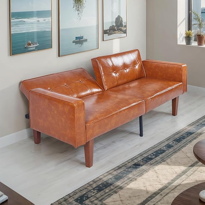 Adjustable Backrest Convertable Sofa Modern PU Leather 2-Seat Futon Sofa Convertible Faux Leather Sleeper Couch with Armrests Couch for Living Room Home Office Spaces
