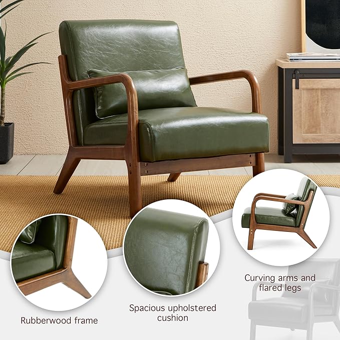 Glitzhome 2 Set Mid Century Hunter Green Accent Armchair Single Reading Armchair PU Leather Lounge Chair with Walnut Ruberwood Frame