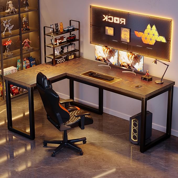 L Shaped Desk 66 Inch Gaming Desk with 1.18 Inch Thicker Desktop Corner Computer Desk Home Office Desk Study Writing Work Desk Metal Frame Rustic Brown