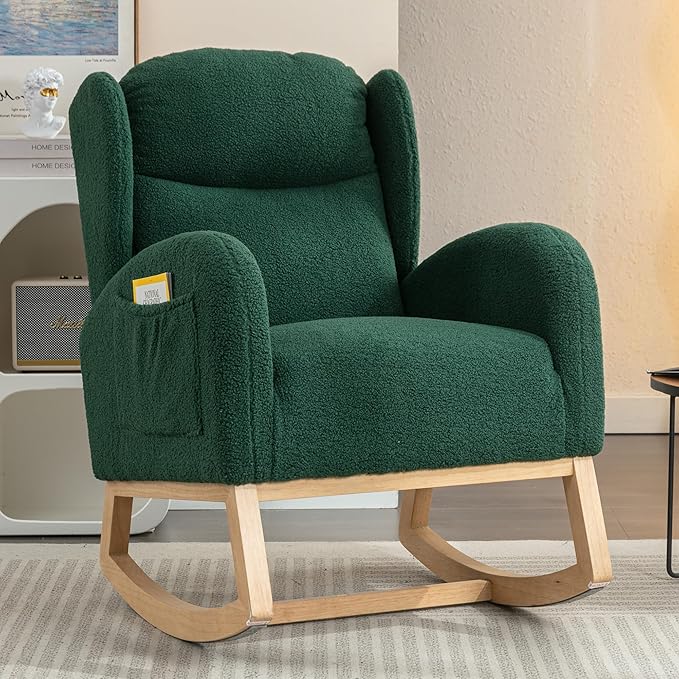 Setawix Teddy Rocking Glider Chair for NurseryUpholstered Living Room Rocker Arm ChairLeisure Sherpa Wingback ArmchairMid Century Modern Rocking Accent Chair with Side Pockets (Wingback Green)