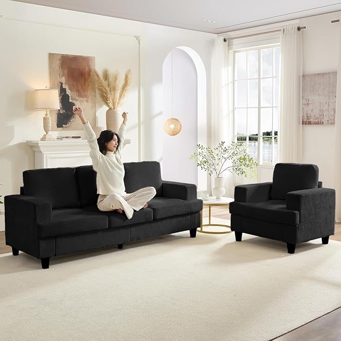 Mjkone 2 Piece Living Room Sofa Set 3 Seater Sectional Sofa Couch and Chair Sets 82 Width Chenille Sectional Couch Furniture Sets Modular Sofas Couches for Living Room Home Office Dark Grey