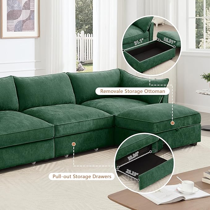 Modular Sectional Sofa with Pull Out Storage Drawers 112.6 L-Shaped Comfy Chenille 3-Seat Sofa with Storage Ottoman Upholstered Deep Seat Couch with 2 Armrest Pillows for Living Room Green