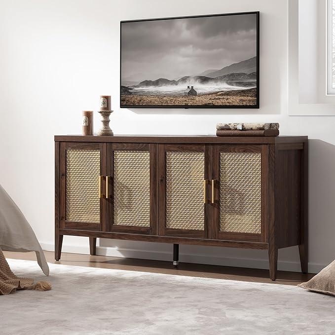 SICOTAS TV Stands for Living Room-Entertainment Center with Storage for Bedroom-Mid Century Modern Television Stands with 4 Doors 59 Media Console TV Cabinet Credenza for 45 50 55 60 65 Inch TVs