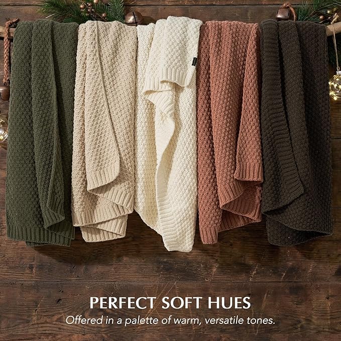 EVERGRACEHOME Chunky Chenille Knit Throw Blanket for Couch Soft Luxurious Moss Stitch Blankets for Bed Cozy Decorative Farmhouse Knitted Throws for Sofa Cocoa Brown 60 x 80