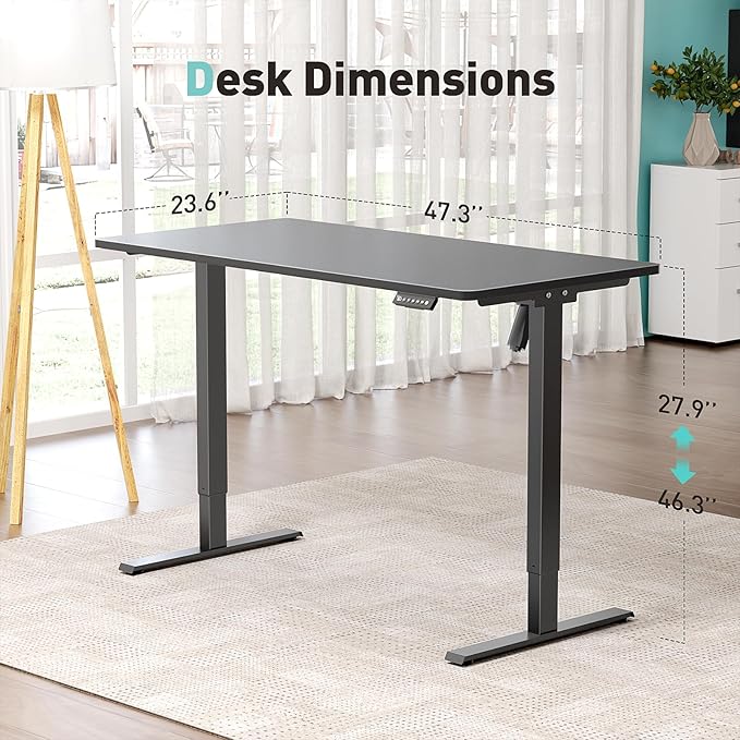 48 x 24 in One-Piece Electric Standing Desk Adjustable Height Sit to Stand Up Desk for Home Office Work &amp Study Black Frame &amp Black Desktop (2 Packages)
